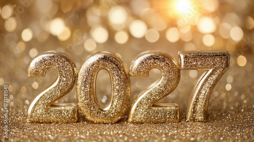 Shiny gold 2027 numbers on glitter powder with bokeh lights, new year celebration, festive backdrop, commercial use, minimalist design, optimistic mood, luxury concept

