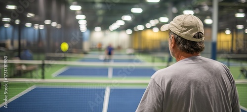 Interior view of a pickleball court, multiple courts, people playing, and a person watching