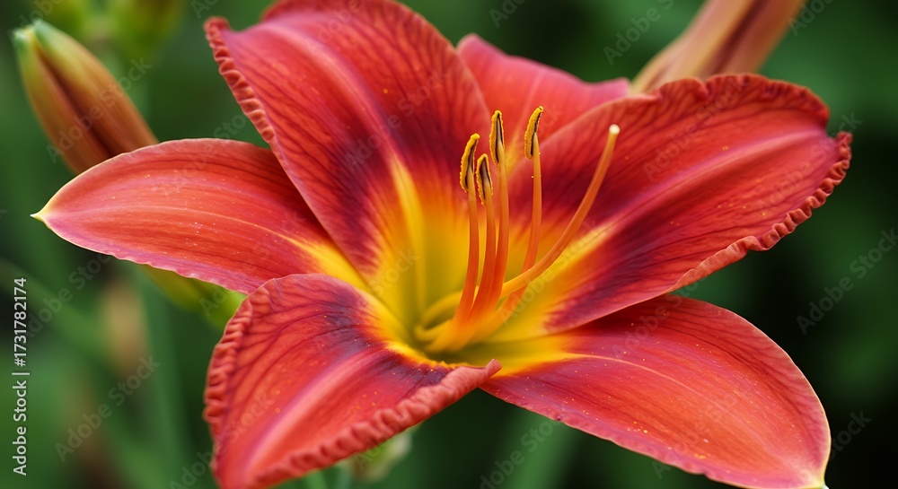 Fototapeta premium Vibrant red lily blossom with yellow center close up in natural light