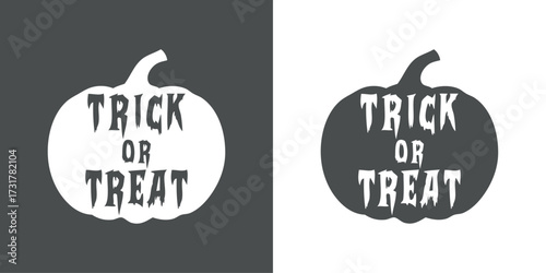 Logo con texto manuscrito trick or treat en silueta de calabaza de Halloween para felicitaciones y tarjetas