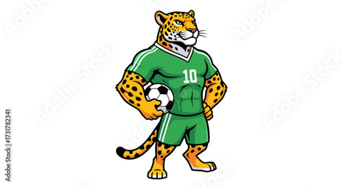 Cartoon Jaguar Mascot in Soccer Uniform with Football ready for a Game Day Celebration