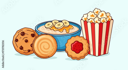 Colorful cartoon illustration featuring an assortment of sweet and savory snacks and treats