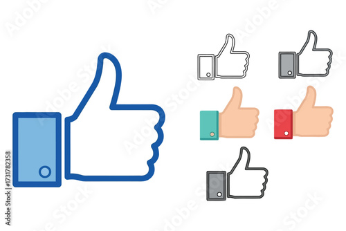 Thumbs-Up Icon Set – Stylized Approval Symbols in Blue Outline and Five Color Variants with Cuffs – Minimal Vector Design for Social Media, Feedback, or Digital Interface Themes