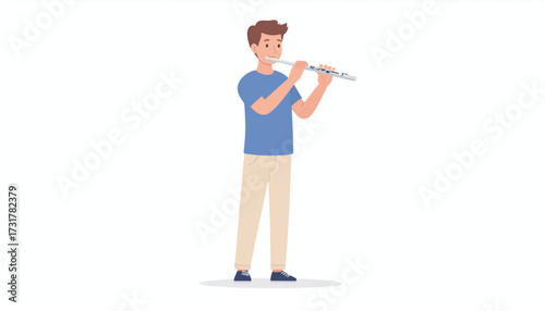 A young man in casual clothing stands and plays a flute, creating beautiful music on a white background