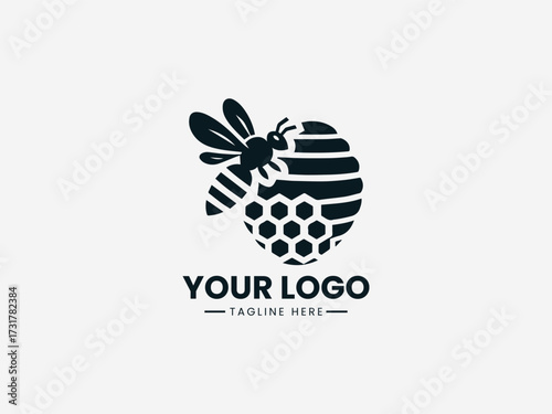 Detailed honey bee hive vector logo with hexagonal comb and active bees for community organization