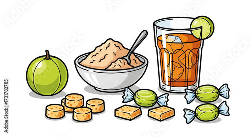 Delightful illustration showcases amla fruit, churna, sweets and refreshing iced tea