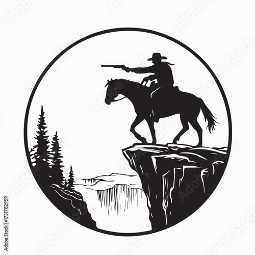 Western Cowboy Silhouette Pointing Gun On Cliff Vector Design on white background