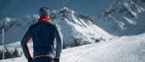 Person in winter sports apparel facing away from camera on a snowy mountain slope