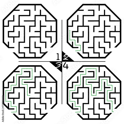 Illustration with labyrinth, maze conundrum for kids. Baby puzzle with entry and exit. Children puzzle game. 4 steps to complete the maze.