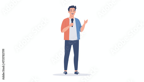 Young male character standing and speaking into a microphone, gesturing as a presenter or host. Flat vector illustration isolated on a white background for public speaking or media concepts