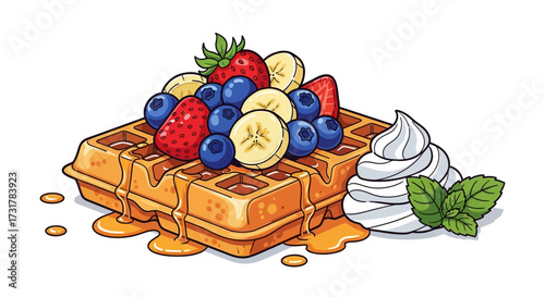 Delicious waffle with fresh fruits and whipped cream illustration for breakfast or dessert