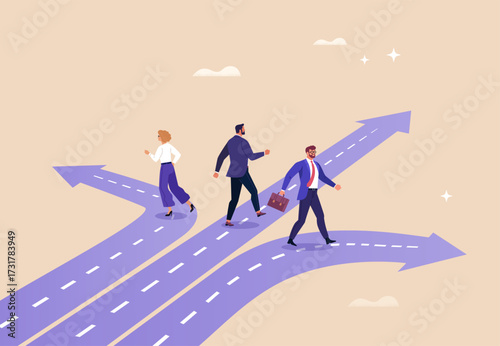 Multiple Choice Concept. Vector cartoon illustration of business people walking on different roads with arrows, symbolizing career paths, decision-making, opportunities, and future directions.
