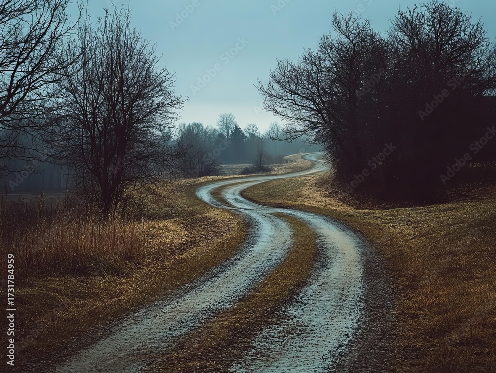 Fototapeta premium Winding dirt road through a misty landscape