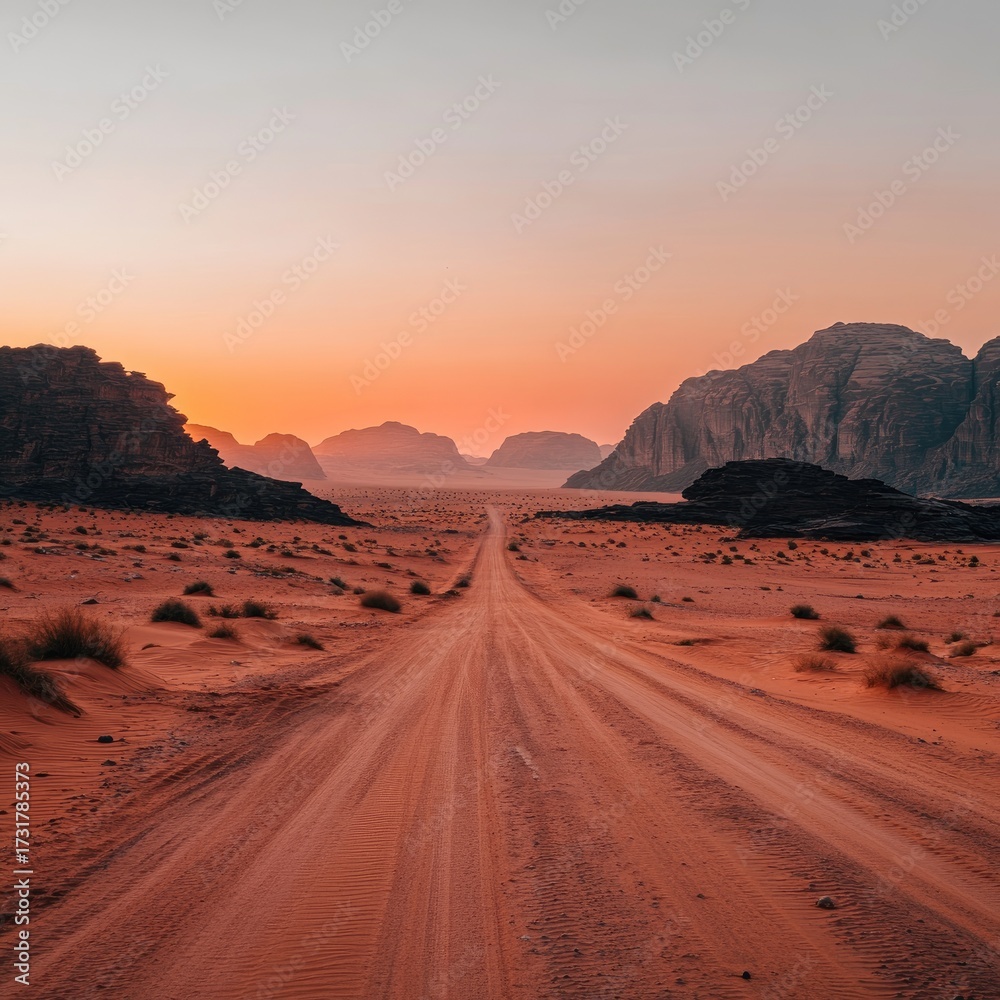 Naklejka premium Desert road at sunrise. Vast, dusty landscape stretching to mountains under a warm, soft light