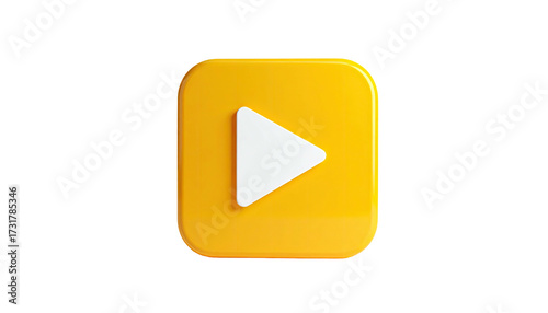 A 3D yellow square with rounded corners, a white play button on a black backdrop