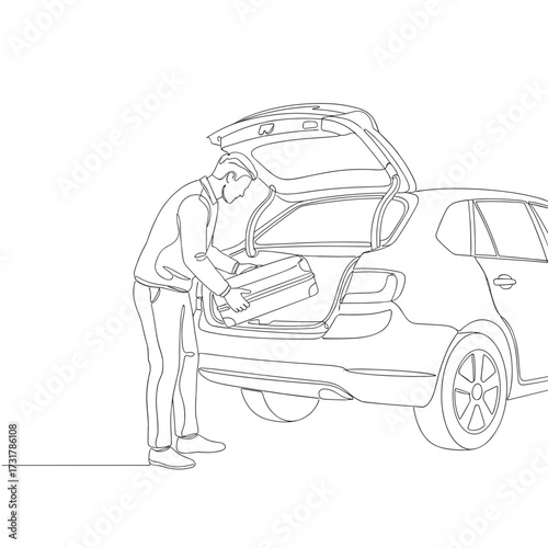 Man loading luggage into car trunk in outline style  