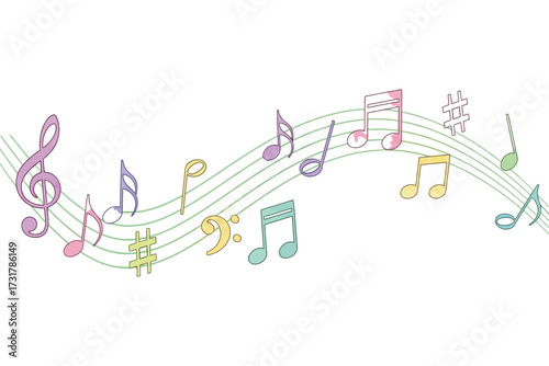Vector art of a whimsical watercolor illustration of musical notes dancing across a staff, , creating a light and airy feel perfect for musicthemed designs