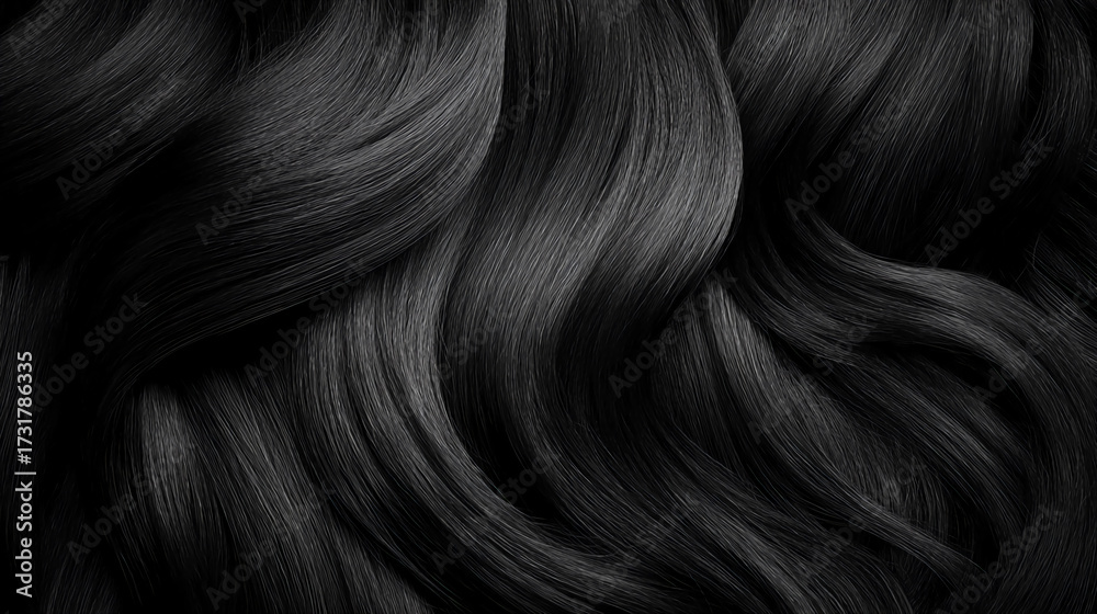 Naklejka premium A close-up of smooth, flowing black hair, showcasing its shine and texture through elegant, wavy patterns.