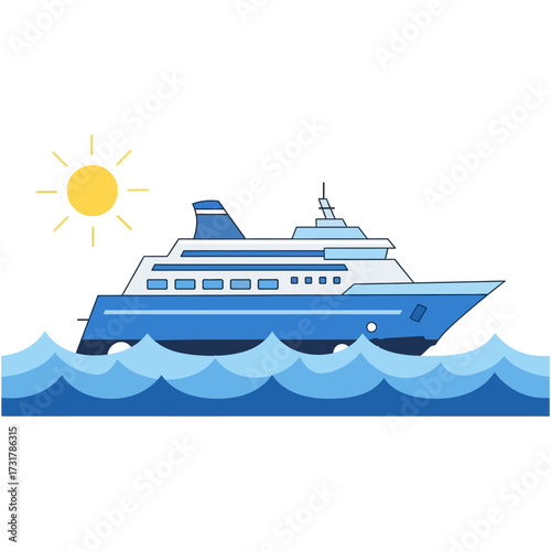 Illustration of a blue cruise ship sailing on the ocean with a yellow sun in the sky.