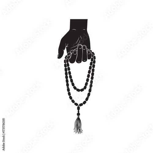Silhouette of a hand holding Islamic prayer beads (Tasbih). Black vector icon representing Muslim worship, faith, and spirituality.
