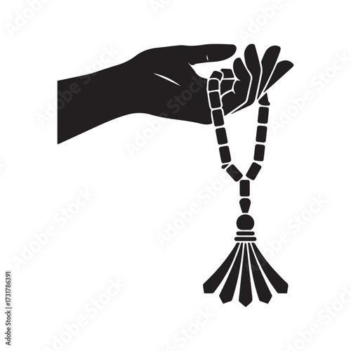 Silhouette of a hand holding Islamic prayer beads (Tasbih). Black vector icon representing Muslim worship, faith, and spirituality.
