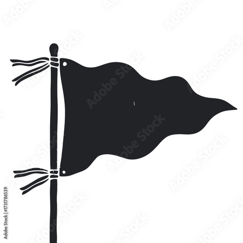 Black flag waving on a flagpole with tattered ribbons