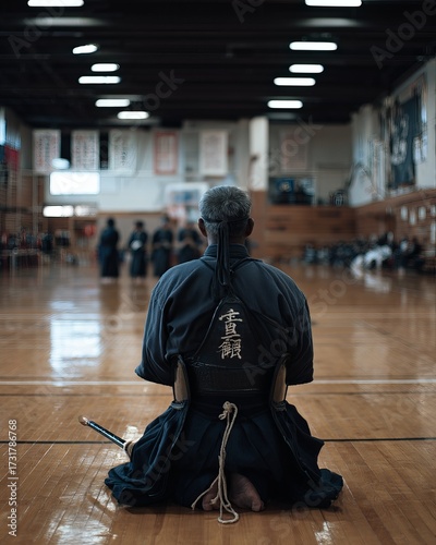 A person in traditional martial arts attire, kneeling in a dojo (1)