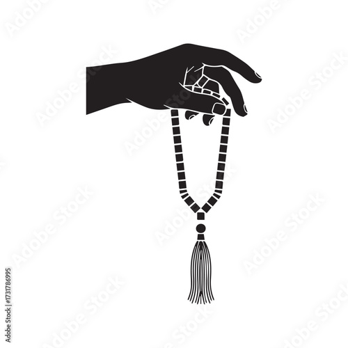 Silhouette of a hand holding Islamic prayer beads (Tasbih). Black vector icon representing Muslim worship, faith, and spirituality.
