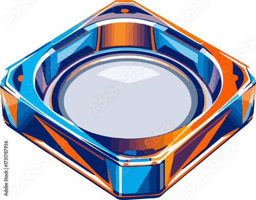 Square Geometric Ashtray Vector Illustration – Modern Blue and Orange Glass Cartoon Smoking Accessory Isolated