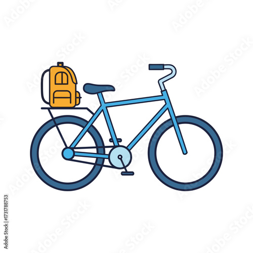 A blue bicycle with a yellow backpack attached to the rear rack, depicted in a simple, flat illustration style.