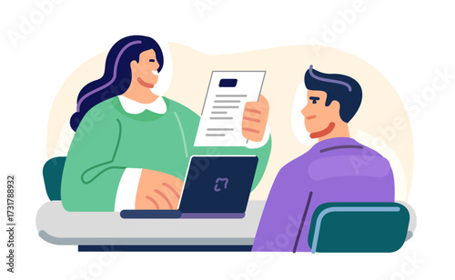 Job interview. Human resources manager interviews job candidate. HR manager reviews resume application
