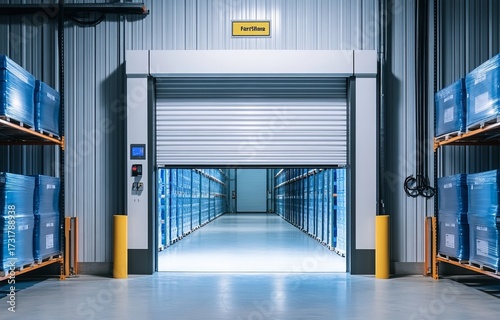 Industrial warehouse interior, open door