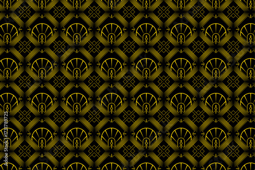 Yellow Fan Shaped Geometric Art Deco Pattern on Black