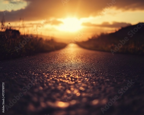 Asphalt road disappearing into golden sunset