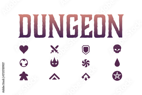Dungeon typography with game icons set collection