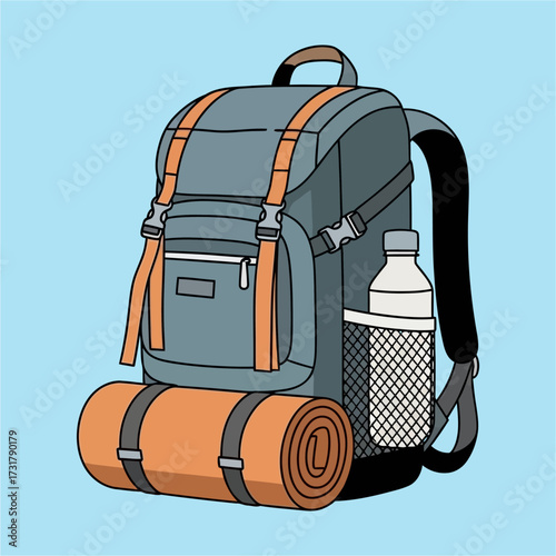A detailed illustration of a gray backpack with orange straps, a rolled-up mat, and a water bottle.