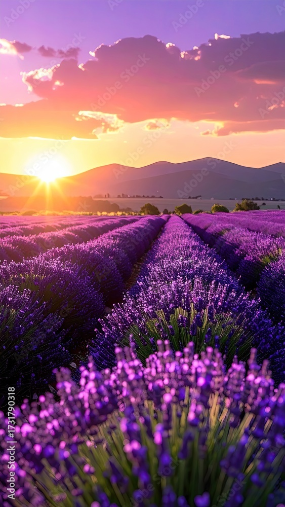 Naklejka premium Lavender Field in Golden Light at Sunset Dramatic Sky Landscape