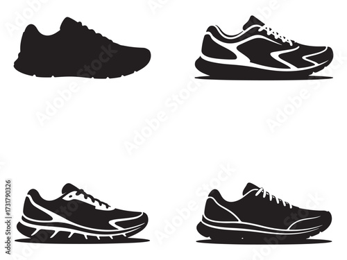 Collection of athletic running shoe silhouettes isolated on white background