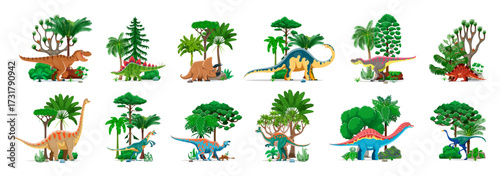 Prehistoric dinosaurs characters with jungle trees, cartoon set. Vector jurassic dinos personages of funny tyrannosaurus, triceratops and brachiosaurus. Extinct stegosaurus and tarbosaurus dinosaurs