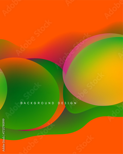 Abstract vibrant shapes overlap, creating fluid colorful gradients. Orange, green, red hues dominate design. Smooth transitions present modern aesthetic.