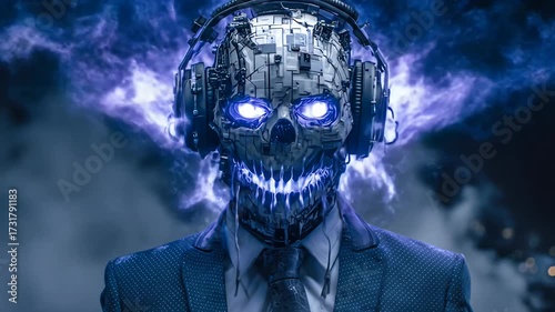 Cybernetic skull in suit with glowing blue eyes and headphones