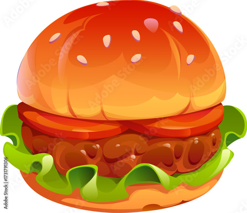 Cartoon fast food burger with sesame seed bun, crisp lettuce and thick juicy beef patty perfectly layered with fresh tomato slices. Isolated vector delicious American beefburger takeaway cafe meal