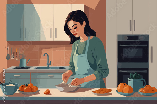 Young woman cooking in modern kitchen with food preparation concept  