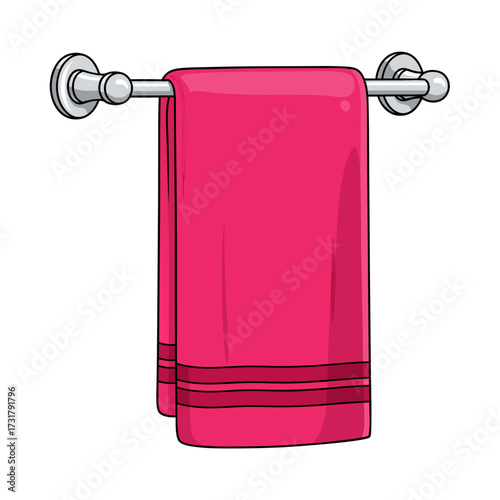 Pink towel illustration on a metal rack, clean vector graphic for bathroom and domestic themes