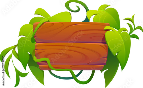 Jungle forest adventure sign. Cartoon vector wooden signboard decorated by tropical leaves and liana. Wood signpost pointer with planks and green thicket. Timber direction panel with rainforest plants