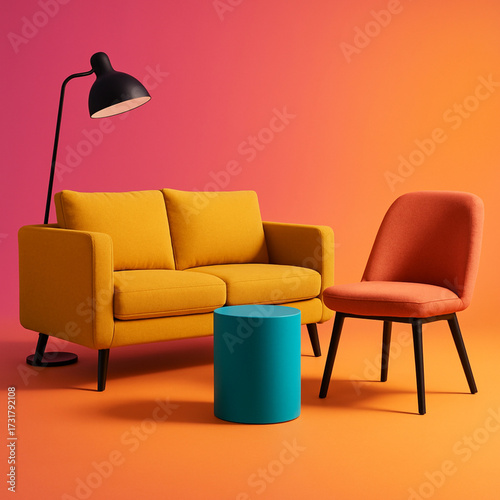 A vibrant living room scene features a yellow couch, an orange chair, a blue cylindrical table, and a black floor lamp against a pink and orange gradient background.