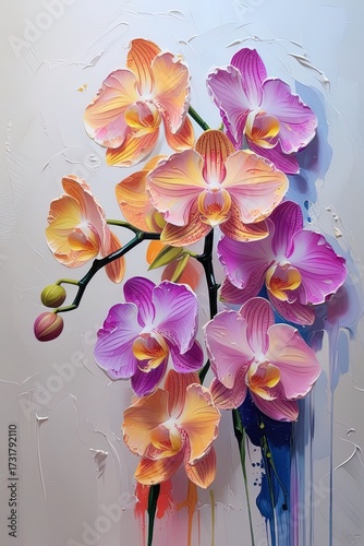 Bold, vibrant impasto style orchid oil painting with bold large strokes using a palette knife and acrylic paint. textured brushstrokes. Use for poster, wallart.