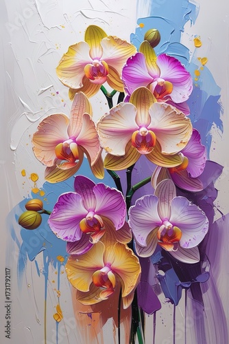 Bold, vibrant impasto style orchid oil painting with bold large strokes using a palette knife and acrylic paint. textured brushstrokes. Use for poster, wallart.