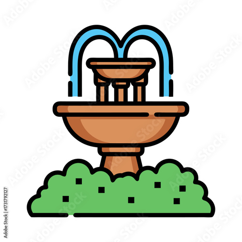 A beautiful tiered fountain with water spraying upwards, surrounded by lush green bushes