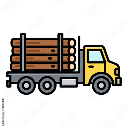 Detailed vector illustration of a heavy-duty logging truck transporting cut timber, perfect for graphic design elements and industry-related visuals